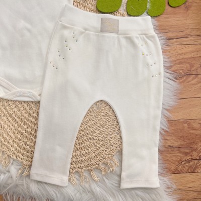 Conj. de Malha 3 peças - Flores de Corações com Strass - Off White e Rose